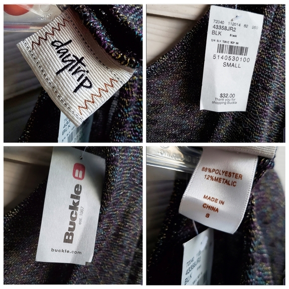 Buckle 3/4 Lace-sleeve Scoop Neck V-back Shimmery Rainbow Metallic Thread Tunic - Picture 6 of 16